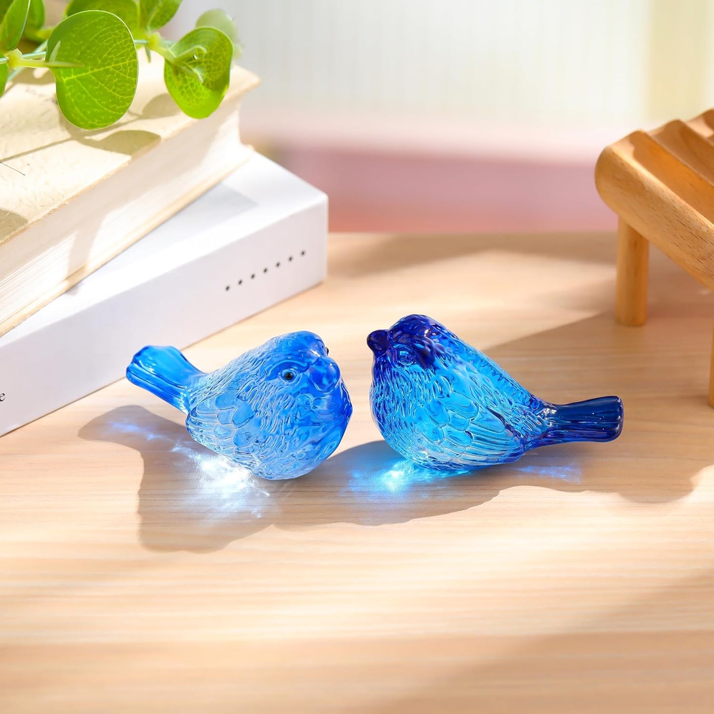 Qianwei Crystal Bird Figurine Set - Handmade Blown Glass Blue Birds for Office Desk Decor | 2-Piece Collectible