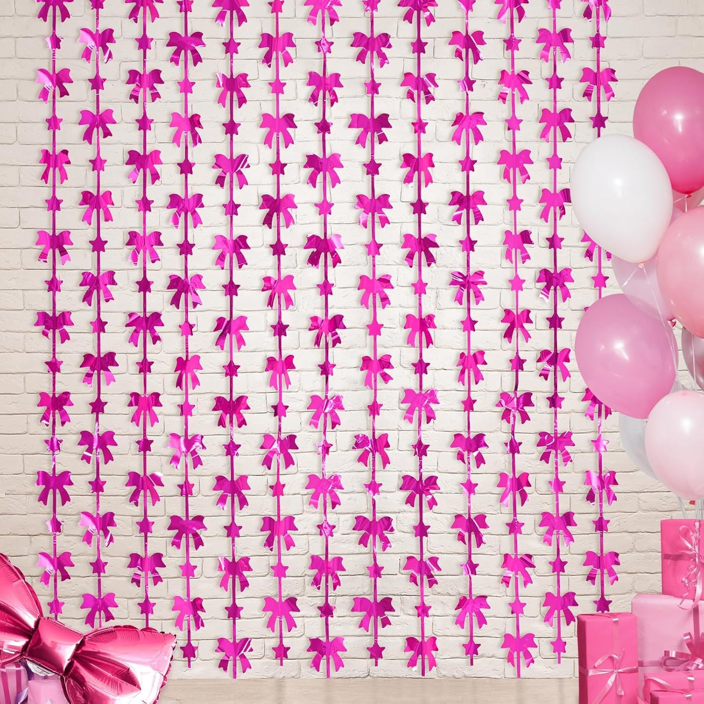 Menstarsi Bow Party Decorations - Hot Pink Foil Fringe Curtains | 2 Pack, 3.3 X 6.6 Ft Backdrop for Birthdays & Bachelorette Parties