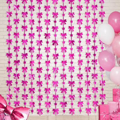 Menstarsi Bow Party Decorations - Hot Pink Foil Fringe Curtains | 2 Pack, 3.3 X 6.6 Ft Backdrop for Birthdays & Bachelorette Parties