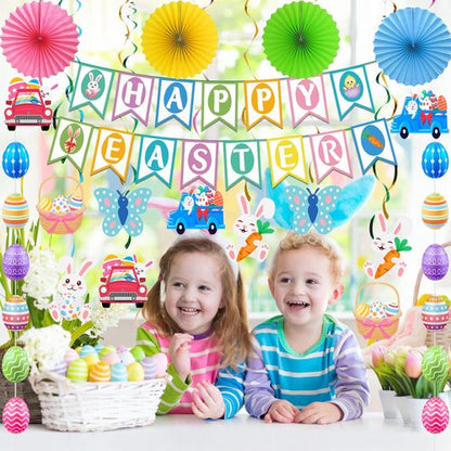 32Pcs Easter Decorations Easter Decor Happy Easter Banner Egg Bunny Garland Hanging Swirl for Home Office School Classroom Themed Party Decorations