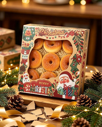 Christmas Kraft Cookie Boxes with Window 30 Pcs 9x9x2.5in - Gift Set, Easy Assemble