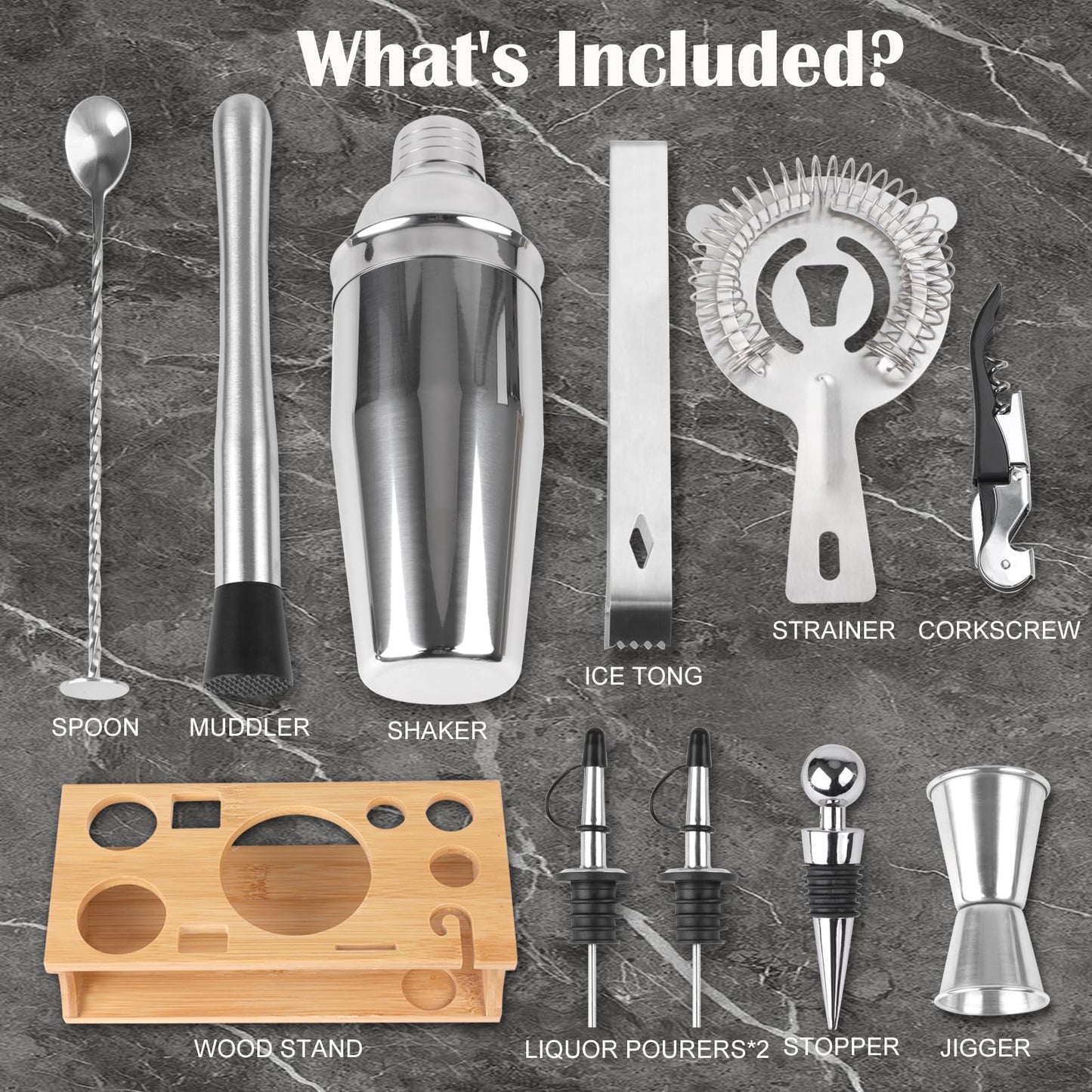 ZPUFAW Cocktail Shaker Set Bartender Kit with Stand 11-Piece Bar Tool Set Housewarming Gift Including 24oz Cocktail Shaker Martini Shaker Muddler Strainer Mixing Spoon Jigger Bar Accessories
