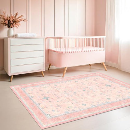 Hazo Haus Nursery Area Rug 4x6 - Charming Pink Boho Vintage Design | Washable Non-Slip for Kids Rooms