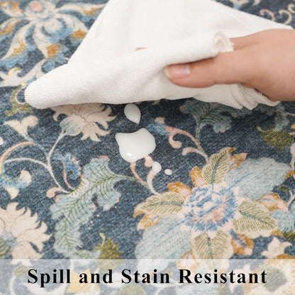 Skiennix Washable Hallway Runner Rug - Vintage Water-Resistant, Ultra Soft, Non-Slip | 2x8 Floral Blue