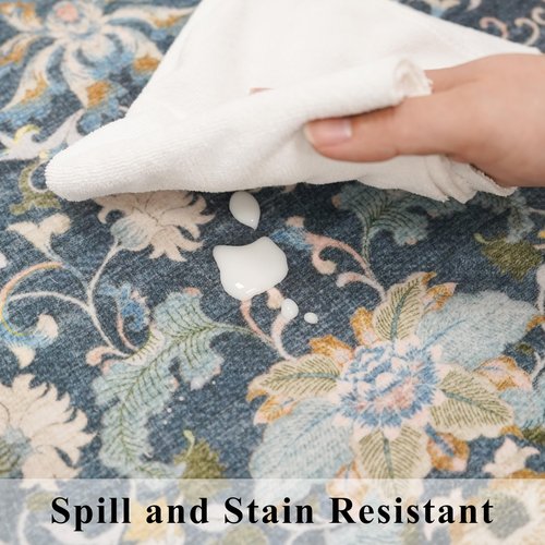 4x8 Washable Kitchen Area Rug: Farmhouse Stain-Resistant Elegant Floral Rug for Living Room Bedroom Wide Soft Carpet for Entryway Bathroom Thin Hallway Floor Mat with Non Slip Backing(4x8,Floral/Blue)