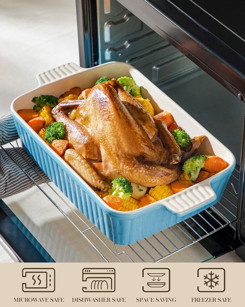 MALACASA 4.4 QT Baking Dish - Durable Ceramic Casserole Pan for Oven | 9x13 Lasagna Dish in Blue