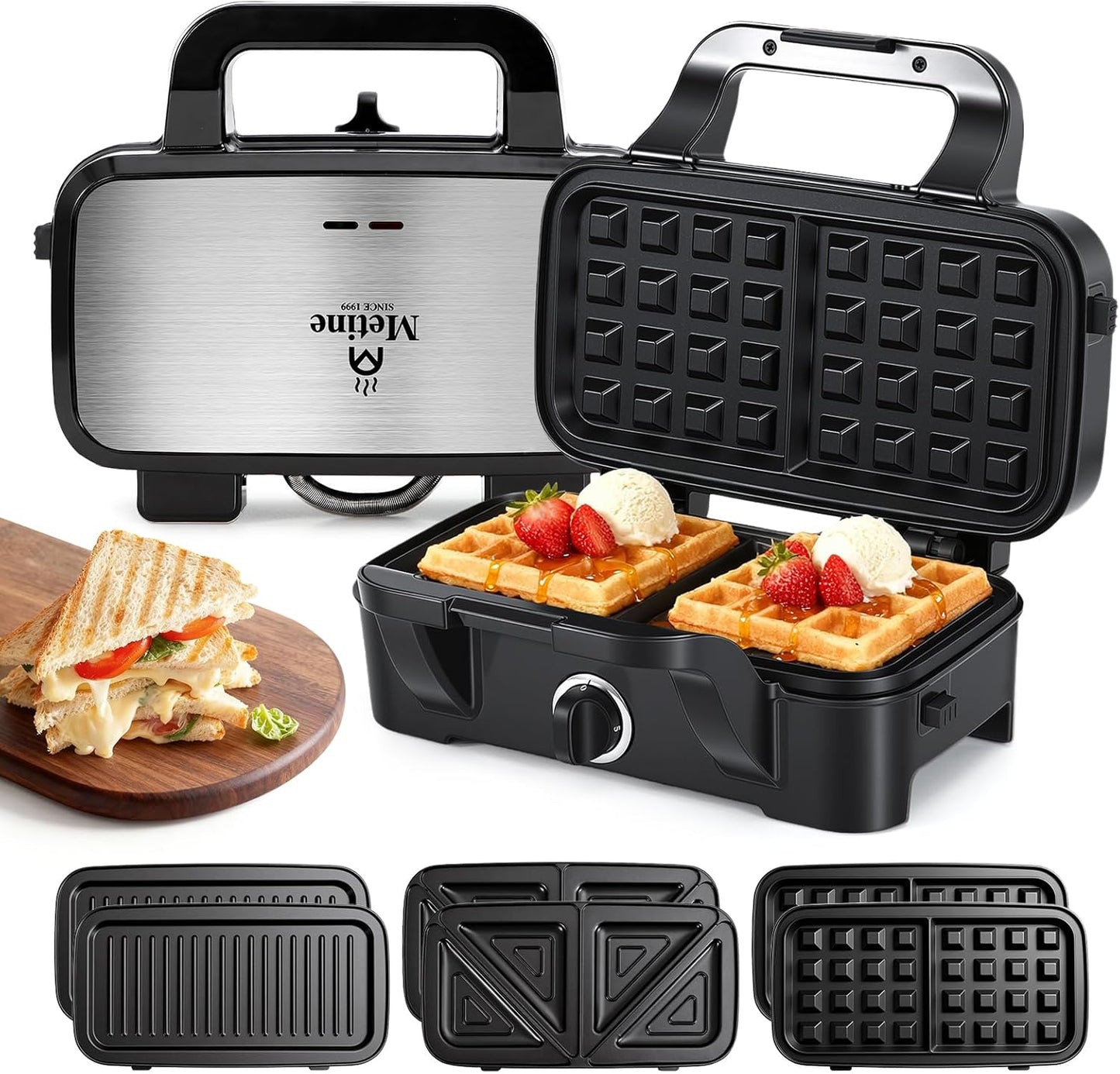 Skiennix Waffle Maker - 3-in-1 Nonstick Sandwich, Waffle & Pancake Maker with Removable Plates | 5-Level Browning Control