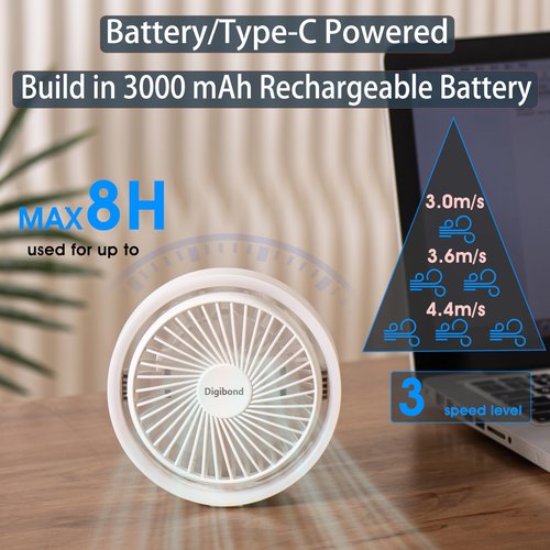 Digibond Small Desk Fan, Ultra Quite USB Fan Portable 3000mAh Rechargeable Battery Operate, High Power 3 Speed 5.3in With Ambient Light/Hook 180°Rotated Easy Clean (White)