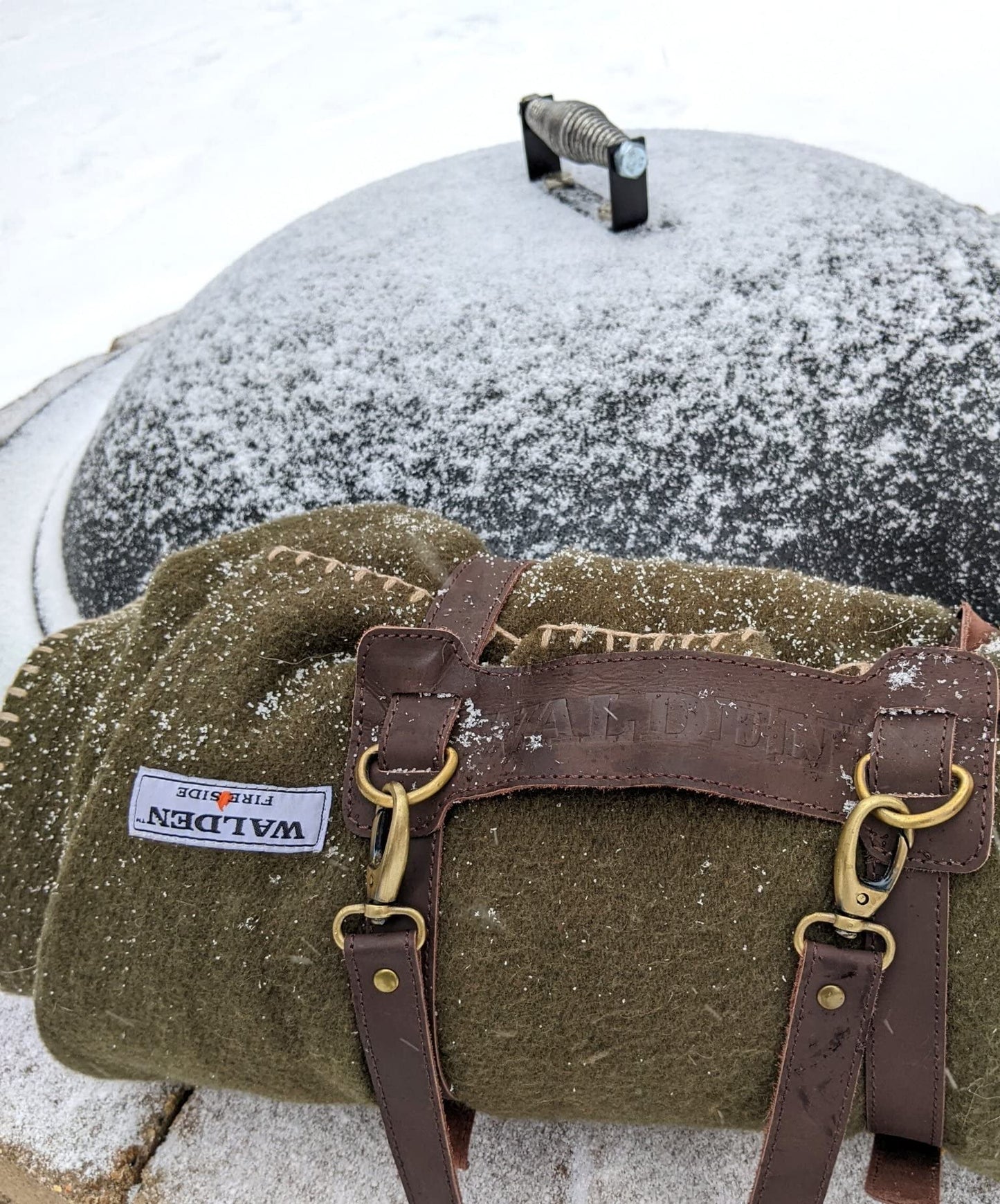 Walden Backyards Fireside Wool Blanket with Leather Carrying Strap (Olive Green with Brown Leather Carrier)