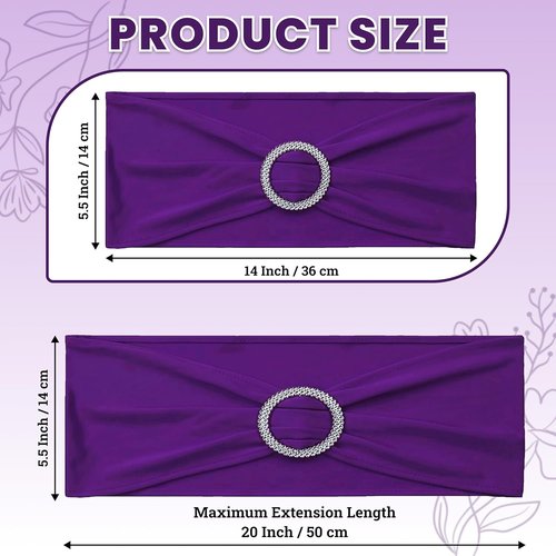 MDS Spandex Chair Sashes - 200 Pack Universal Elastic Stretch Bands with Buckle Slider | Purple