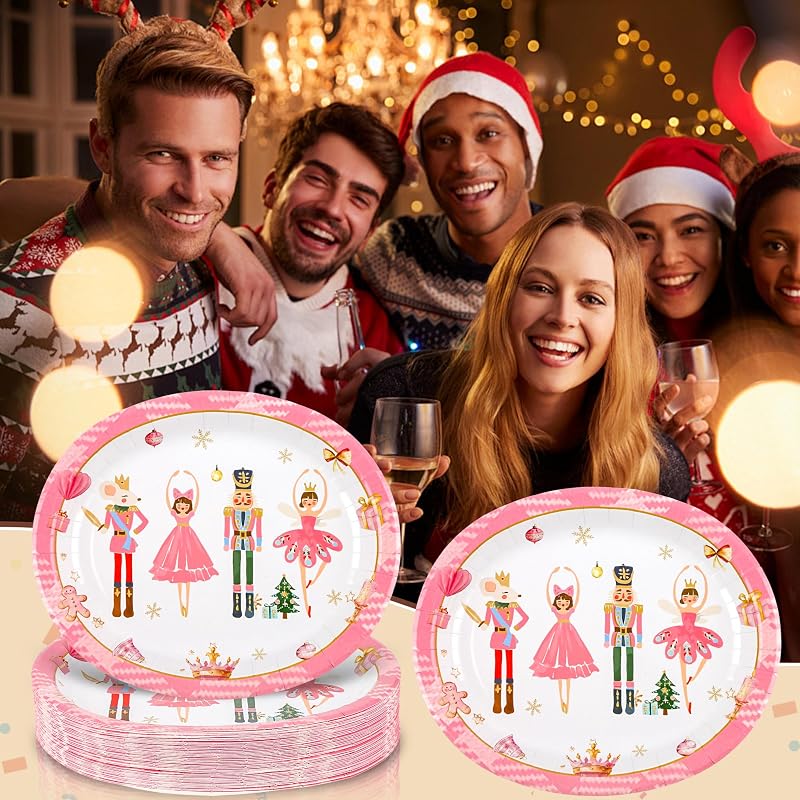 Christmas Pink Nutcracker Heavy-Duty Paper Plates, 10 x 12 Inch, Disposable Holiday Dinnerware - 50 Pack
