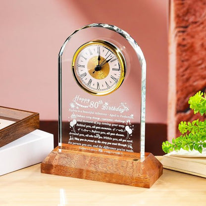 Arikyrist 80th Birthday Glass Clock - Unique Quartz Gift with Wooden Base for Men & Women
