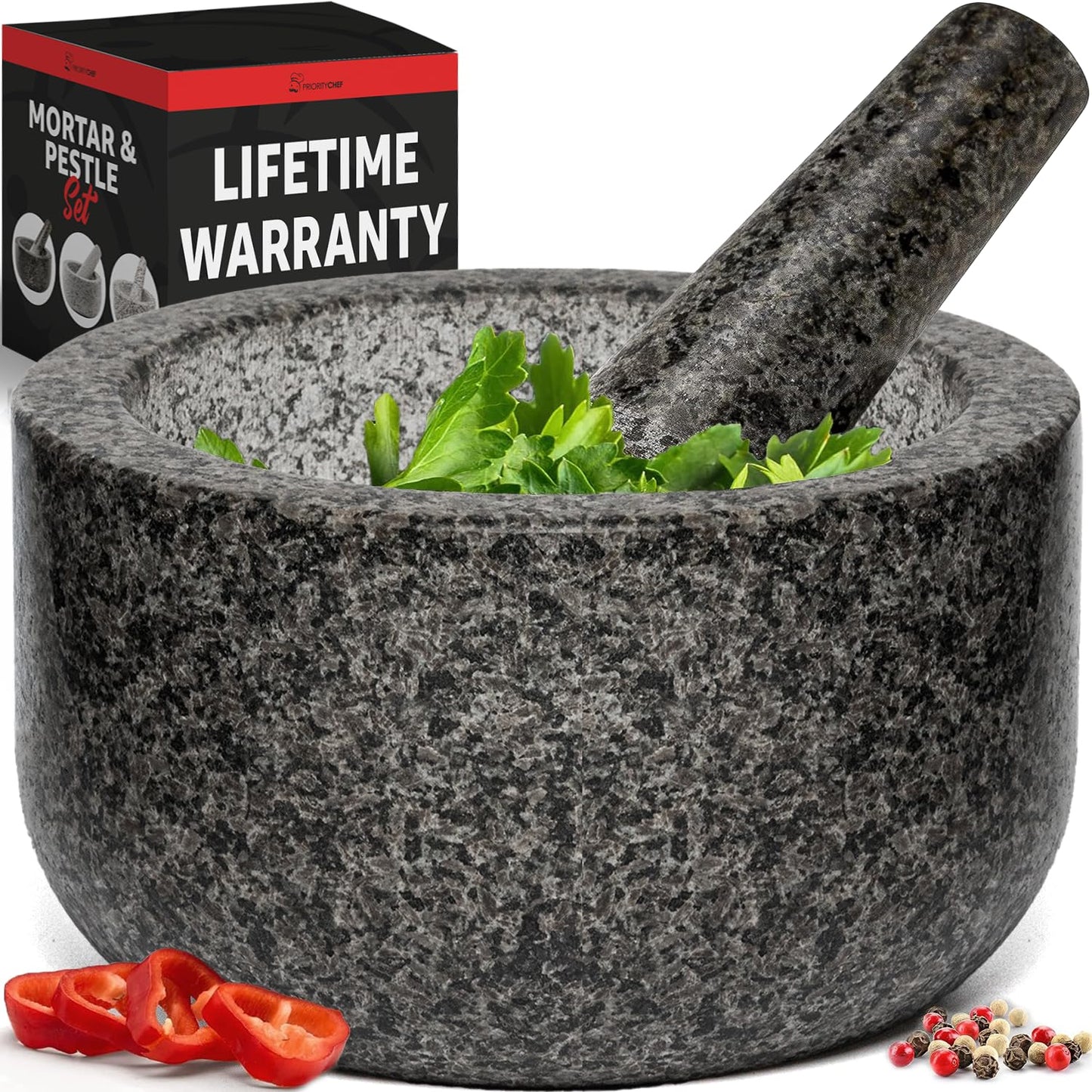 Heavy Duty Large Mortar and Pestle Set,100% Granite, Non Slip Base, Make Fresh Guacamole, Salsa, Pesto, Stone Grinder Bowl, Herb Crusher, Spice Grinder, 4 Cup, Black