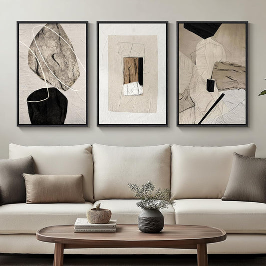 Skiennix Framed Neutral Abstract Wall Art - Set of 3 Modern Canvas Prints for Living Room | 16x24 Inch