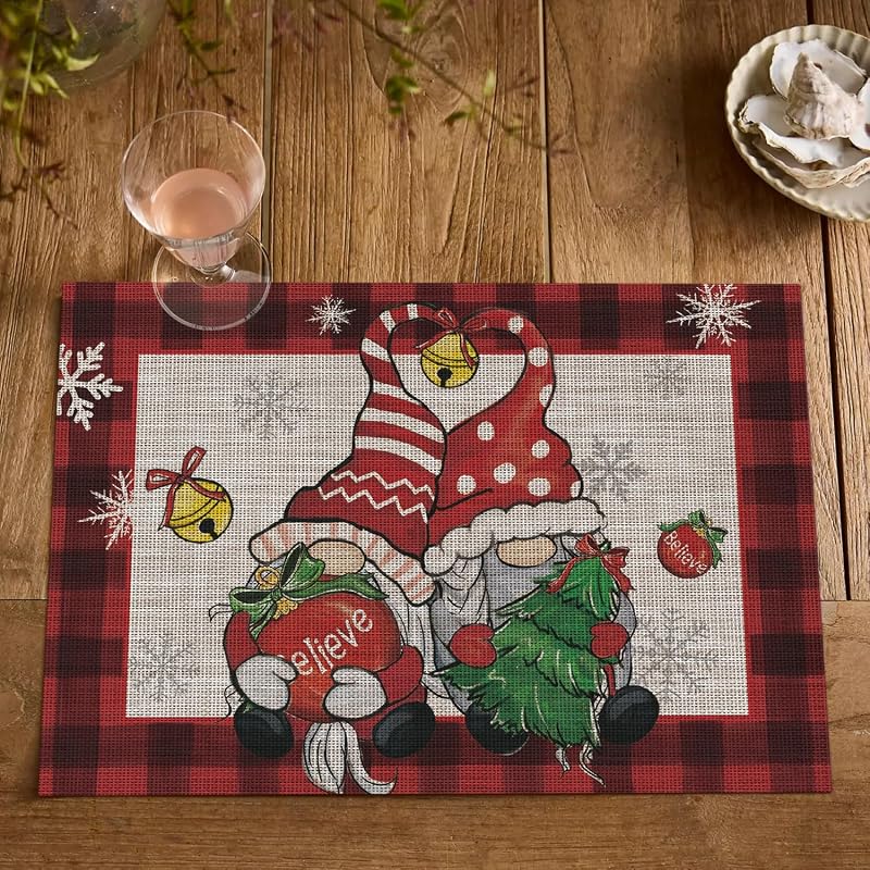 Gnomes Red Buffalo Plaid Christmas Placemats Set of 4, 12 x 18 in, Washable Vinyl