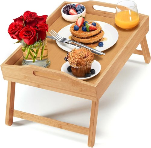Home-It Bamboo Bed Table Tray - Folding Legs & Handles for Breakfast, Snacks, Laptops | Versatile & Stylish