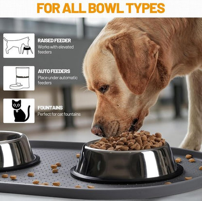 Hubulk 100% Waterproof Silicone Pet Feeding Mat - Raised Edge for Food & Water | Gray, 19" L x 12" W