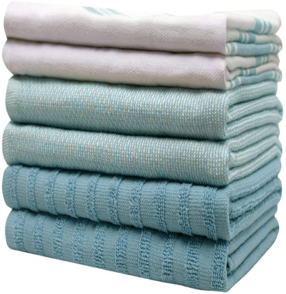 Premium Kitchen Towels (20”x 28”, 6 Pack) | Large Kitchen Hand Towels | Kitchen Towels Cotton | Flat & Terry Towel | Highly Absorbent Tea Towels Set with Hanging Loop | Wide Stripe Aqua