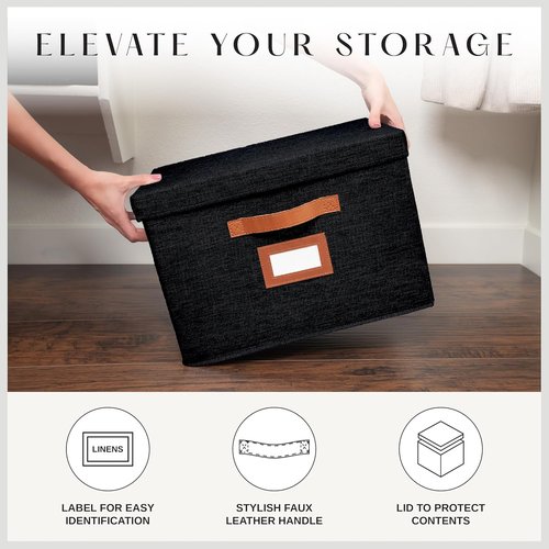 Large Fabric Storage Boxes by [Brand Name] - Decorative Bins with Lids & Faux Leather Handles | 3 Pack, Black (15.75" x 11.25" x 11.25")