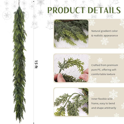 15 Ft Real Touch Cedar Garland - Greenery Mantel Decor, Flexible Branches, Farmhouse Christmas