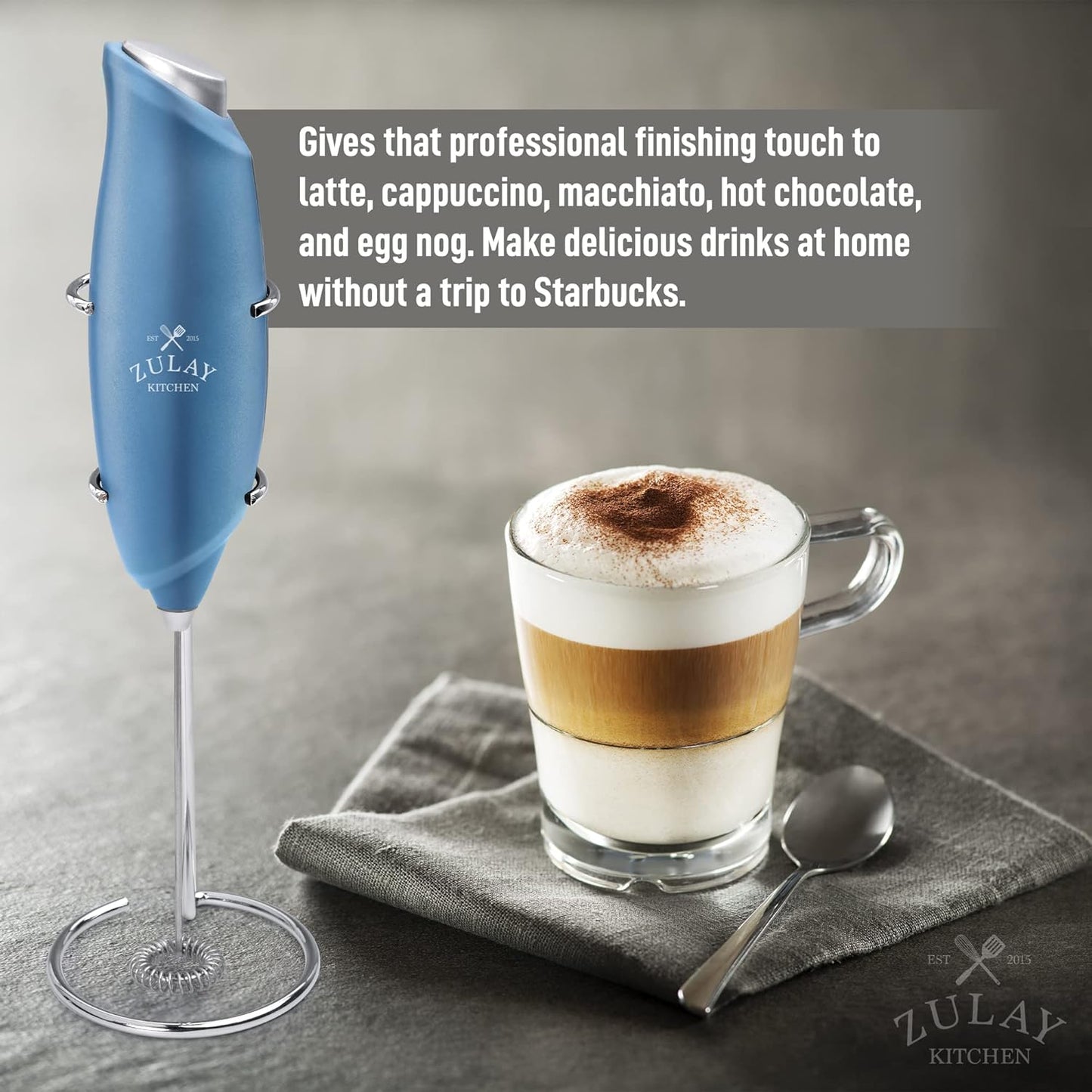 Zulay Kitchen Powerful Rechargeable Milk Frother Handheld Lux Foam Maker for Lattes, Metallic Blue, Rechargeable