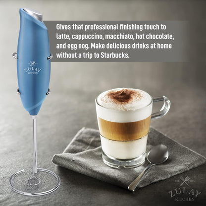 Zulay Kitchen Powerful Rechargeable Milk Frother Handheld Lux Foam Maker for Lattes, Metallic Blue, Rechargeable