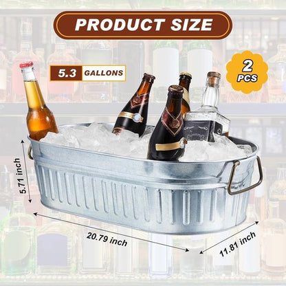 Lallisa 2 Pcs 5.3 gallons Galvanized Beverage Tub Galvanized Bucket Metal Ice and Drink Bucket with Handles Tub for Parties Farmhouse Home Pool Bar (Silver)