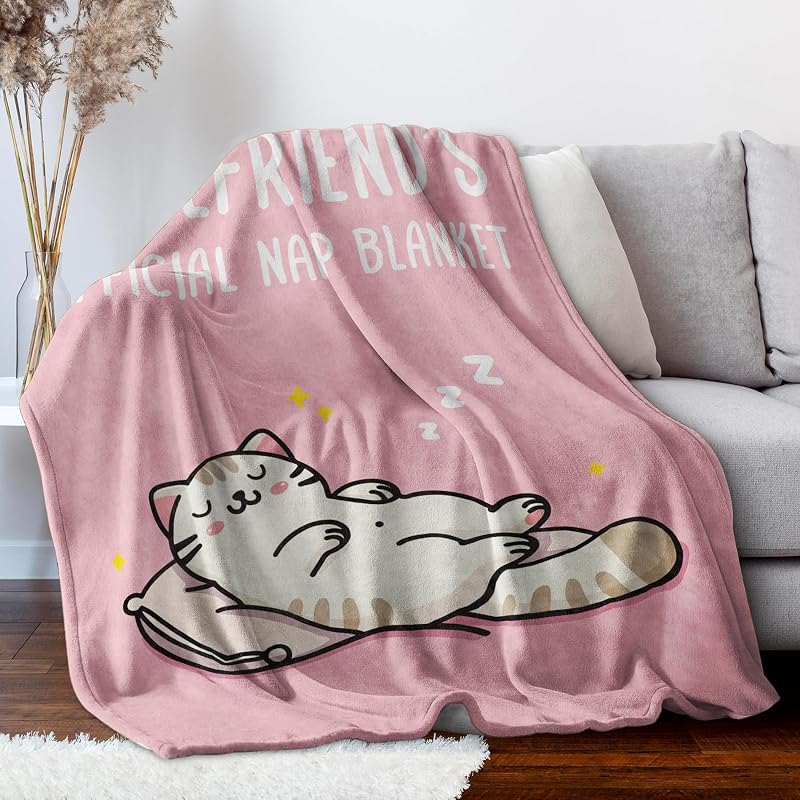 Girlfriend Gift Blanket - 80x60 in Pink Nap Cartoon Cats Cozy Throw