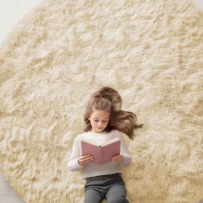 OLANLY Cream Round Area Rug - Soft, Fluffy, Machine Washable 8 ft Circle Carpet for Bedroom & Living Room