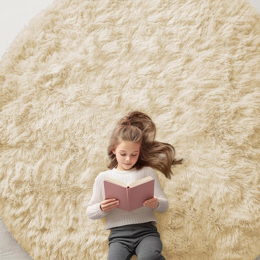 OLANLY Cream Round Area Rug - Soft, Fluffy, Machine Washable 8 ft Circle Carpet for Bedroom & Living Room