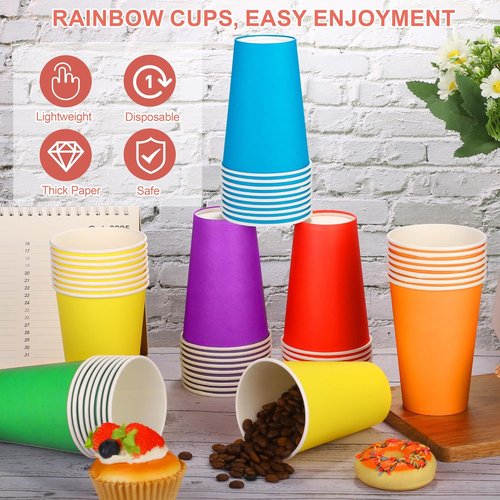 Kochorie 60 Pack Disposable Rainbow Paper Cups - Colorful 12 Ounce Birthday Party Supplies | 6 Vibrant Colors