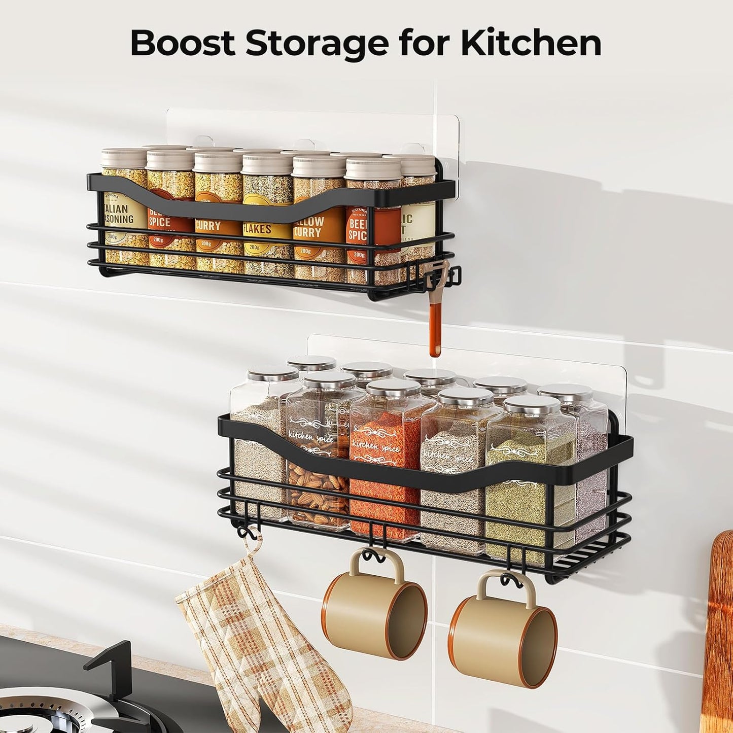 Orimade Shower Caddy - Wall Mounted Rust Resistant Stainless Steel Organizer | 2 Pack, Black with 5 Hooks