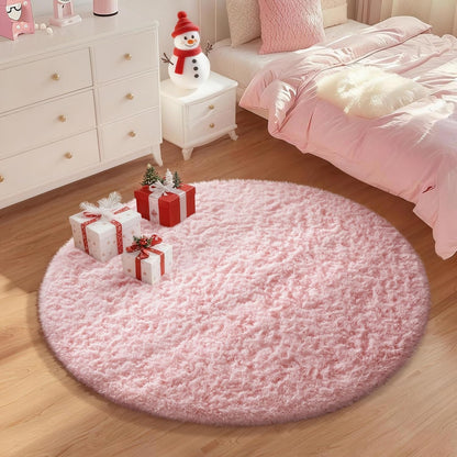 Ophanie Pink Round Rug - Fluffy Kawaii Shag Area Rug for Girls' Bedroom | 4ft Circular Plush Carpet