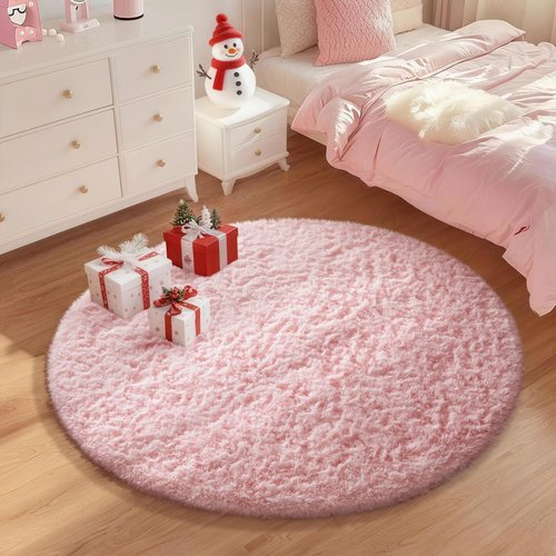 Ophanie Pink Round Rug for Bedroom Girls, Kids Fluffy Kawaii Fuzzy Shag Circle Circular Area Rugs, Cute Plush Christmas Small Carpet 4Ft 4 Foot, for Teen Baby Nursery Home Living Room Decor Aesthetic