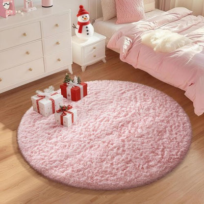 Ophanie Pink Round Rug for Bedroom Girls, Kids Fluffy Kawaii Fuzzy Shag Circle Circular Area Rugs, Cute Plush Christmas Small Carpet 4Ft 4 Foot, for Teen Baby Nursery Home Living Room Decor Aesthetic