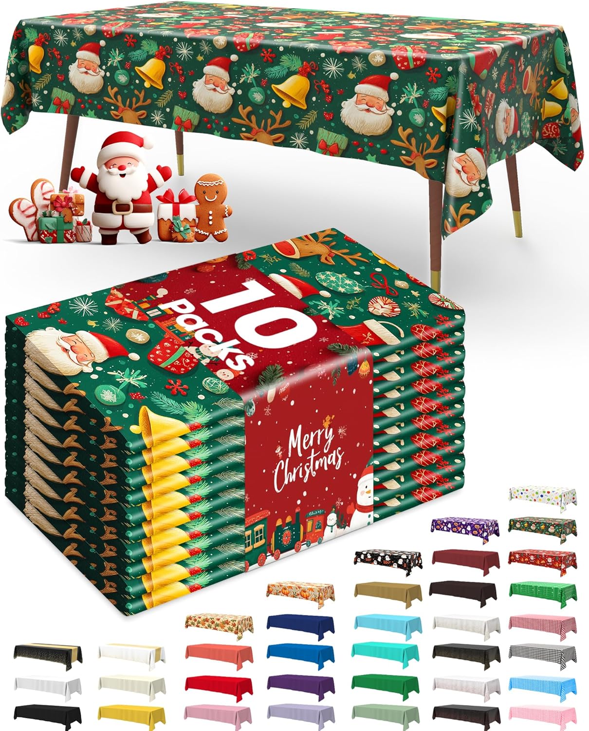 Pureegg Disposable Plastic Tablecloths - 10 Pack, 54 x 108 Inch, Leakproof & Sturdy for Christmas Parties - Christmas Green