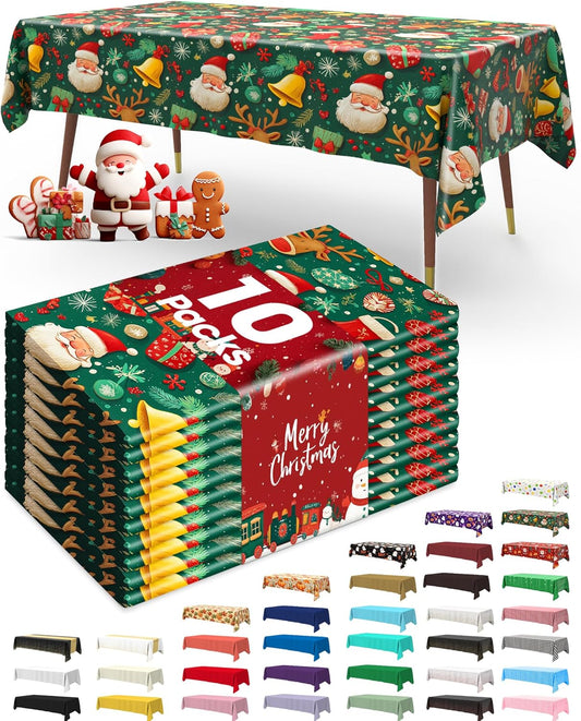 Pureegg Disposable Plastic Tablecloths - 10 Pack, 54 x 108 Inch, Leakproof & Sturdy for Christmas Parties - Christmas Green