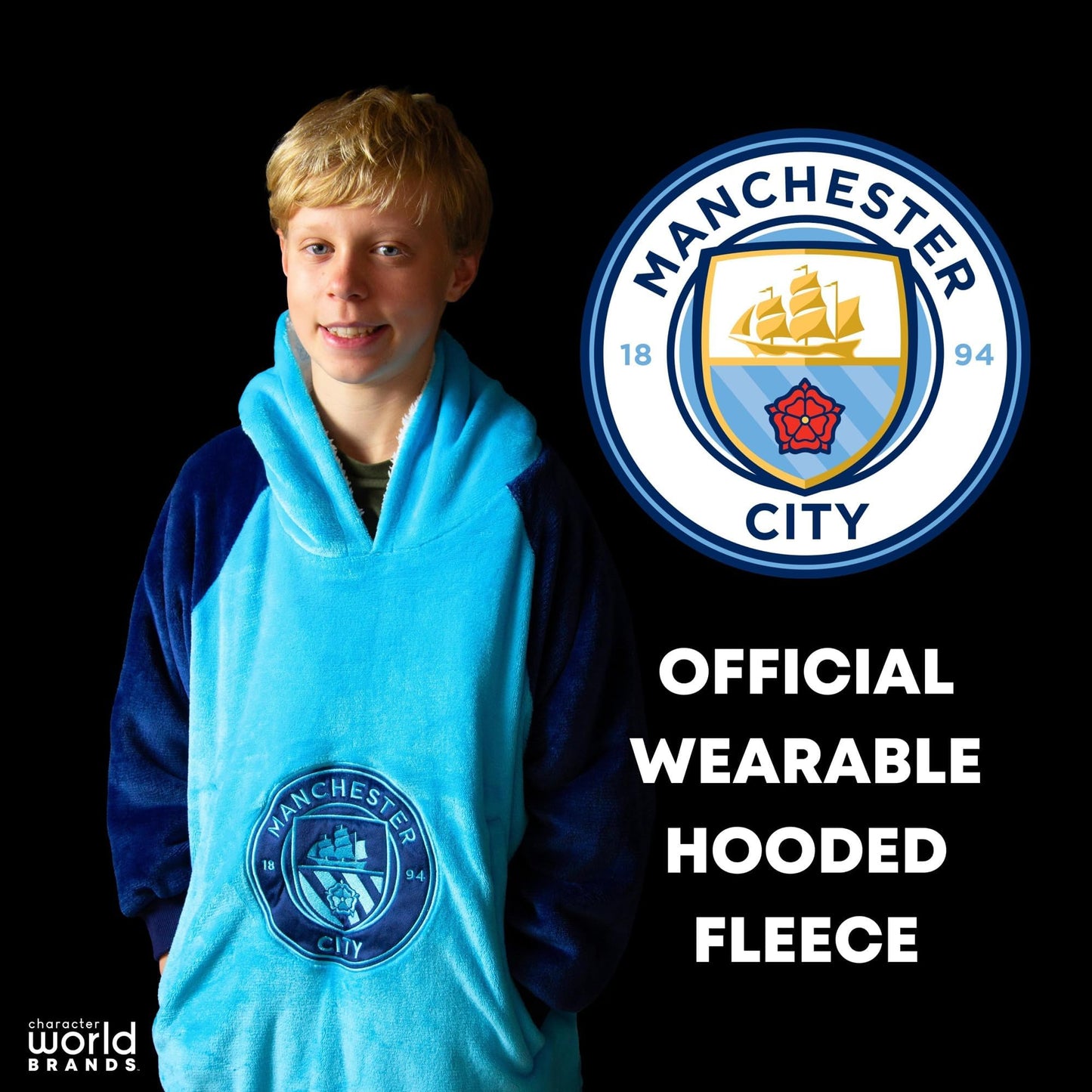 Manchester City FC Oversized Wearable Fleece Blanket, Super Warm and Cosy Premium Sherpa Lined, Design Perfect For Kids Aged 7-12 Years, One Size