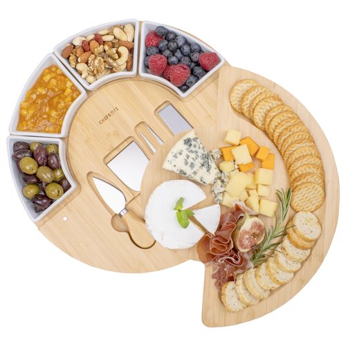 Charcuterie Cheese Board and Platter Set - Made from Bamboo Wood - US Patented 13 inch Cheese Cutting Board and Knife for Entertaining and Serving - 4 Knives - 4 Bowls
