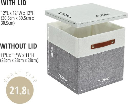 DECOMOMO Storage Basket - Stylish Fabric Box with Lid & Handles | Grey & White, 11” | 3 Pack