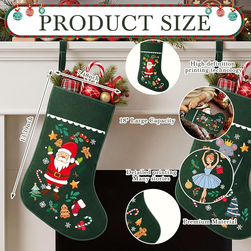 Christmas Stockings 18 Inch Set of 7 — Personalized Nutcracker Green Theme (Variation: 7+Green Fairy Tale)
