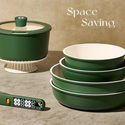 CAROTE 19-Piece Ceramic Cookware Set - Non-Stick, Non-Toxic, Detachable Handle, Induction & Dishwasher Safe, Green