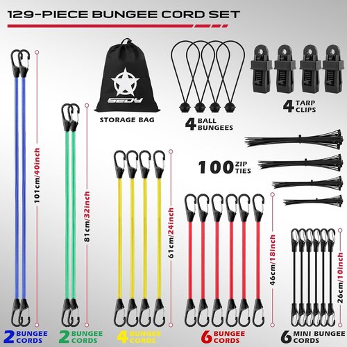 Heavy Duty Bungee Cords - 129 PCS Rubber Elastic Ropes with Hooks & Clips - 18" to 40" Sizes