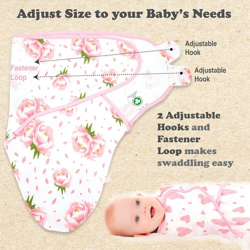 Bublo Baby Swaddles - Adjustable Infant Sleep Sack 3-Pack | Soft Organic Cotton for Newborns (Hearts-Flowers)