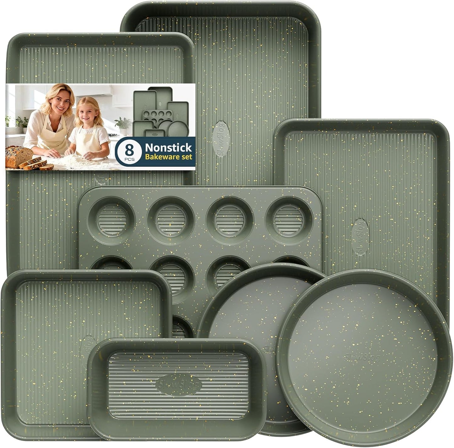 Skiennix 8-Piece Nonstick Bakeware Set - Stackable Oven Pans with Cooling Rack & Ceramic Coating | Green