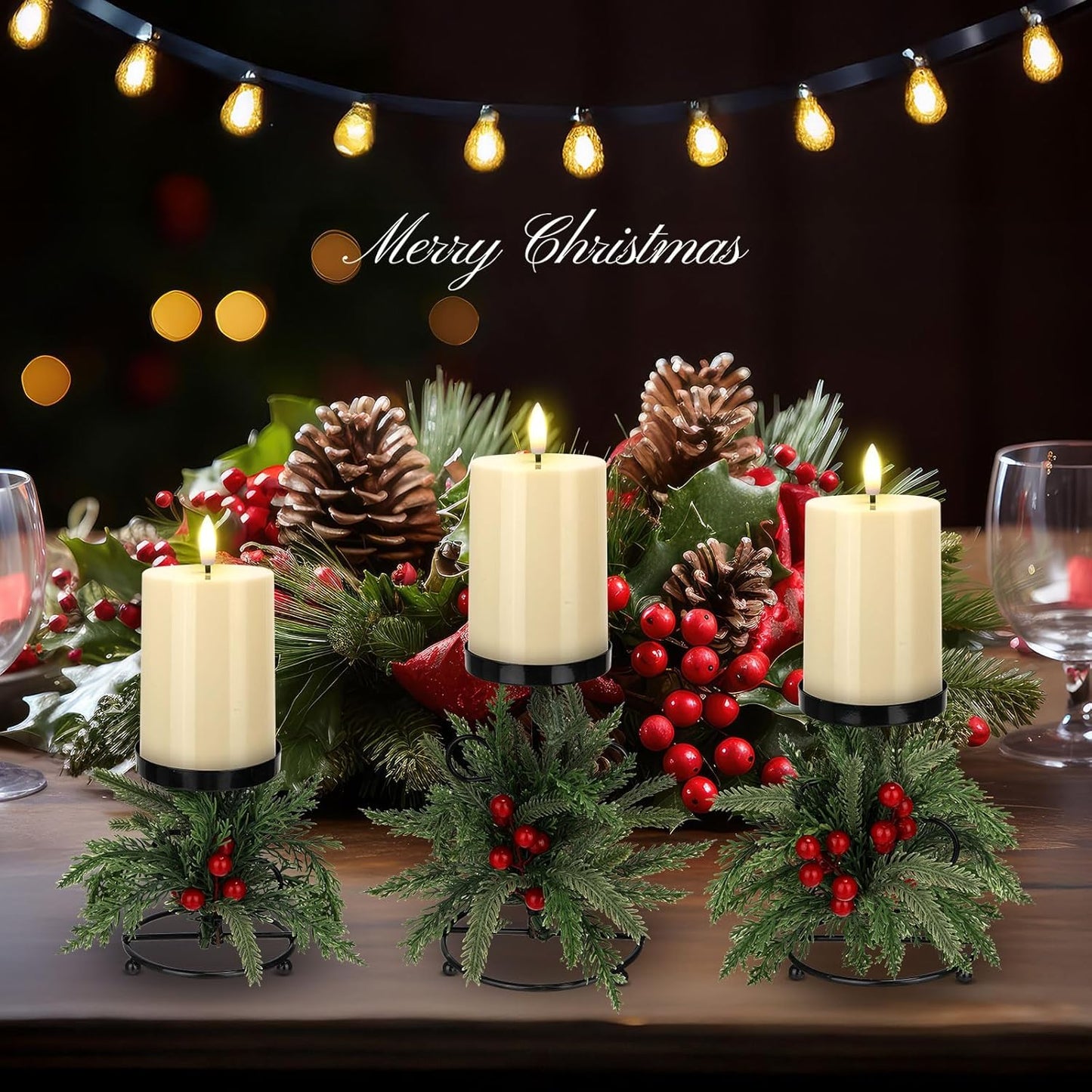 Yunlly Christmas Candle Holder Set - 3 LED Battery-Operated Centerpieces | Norfolk Pine Needle Design