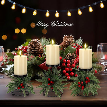 Yunlly Christmas Candle Holder Set - 3 LED Battery-Operated Centerpieces | Norfolk Pine Needle Design