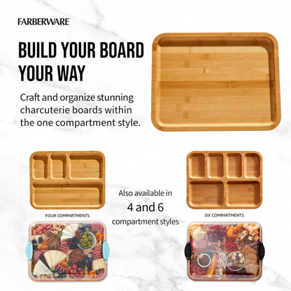 Farberware Build-A-Board Bamboo Cutting Board with Built-in Compartments and Clear Locking Lid with Navy Handles, Perfect for Charcuterie, Snacks, and More - Make it. Take it. Enjoy it, 11x14 Inches