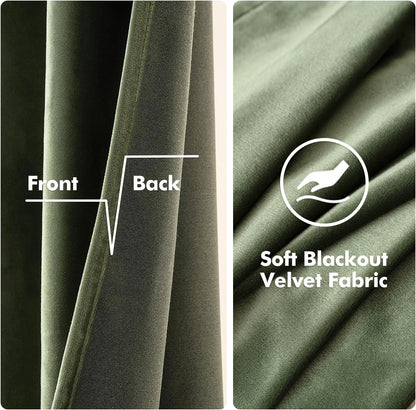 MIULEE Velvet Curtains - Olive Green Thermal Insulated Grommet Drapes | Soundproof Room Darkening, 52 x 84 Inch Set of 2