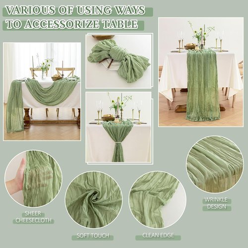 Cheesecloth Table Runner - 10 Ft Boho Rustic Sheer Gauze for Centerpiece Decor | Sage Green